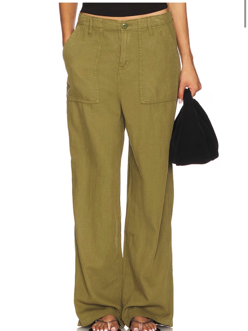 Good American Lite Linen Jeans – Martini Olive Wide Leg Utility Pants Size 10/30
